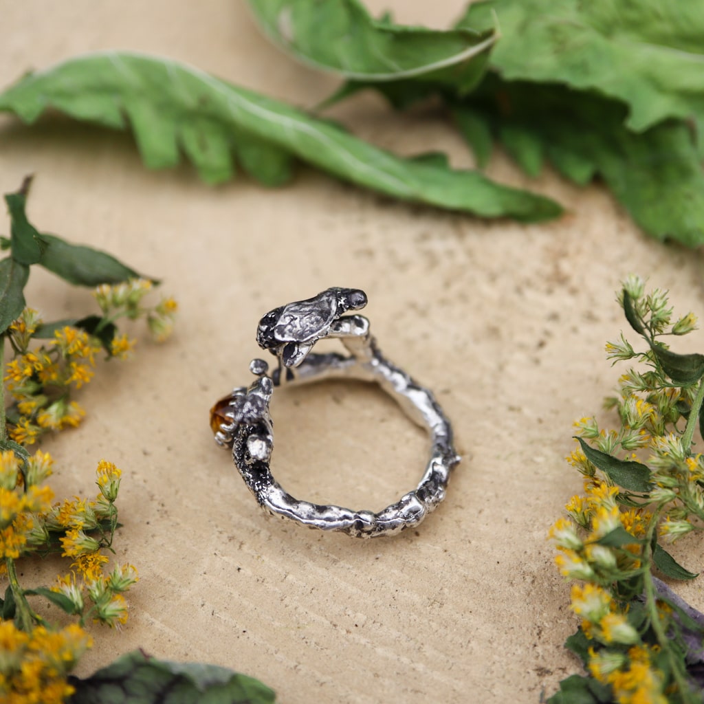 Hand Carved Bee and Citrine Ring