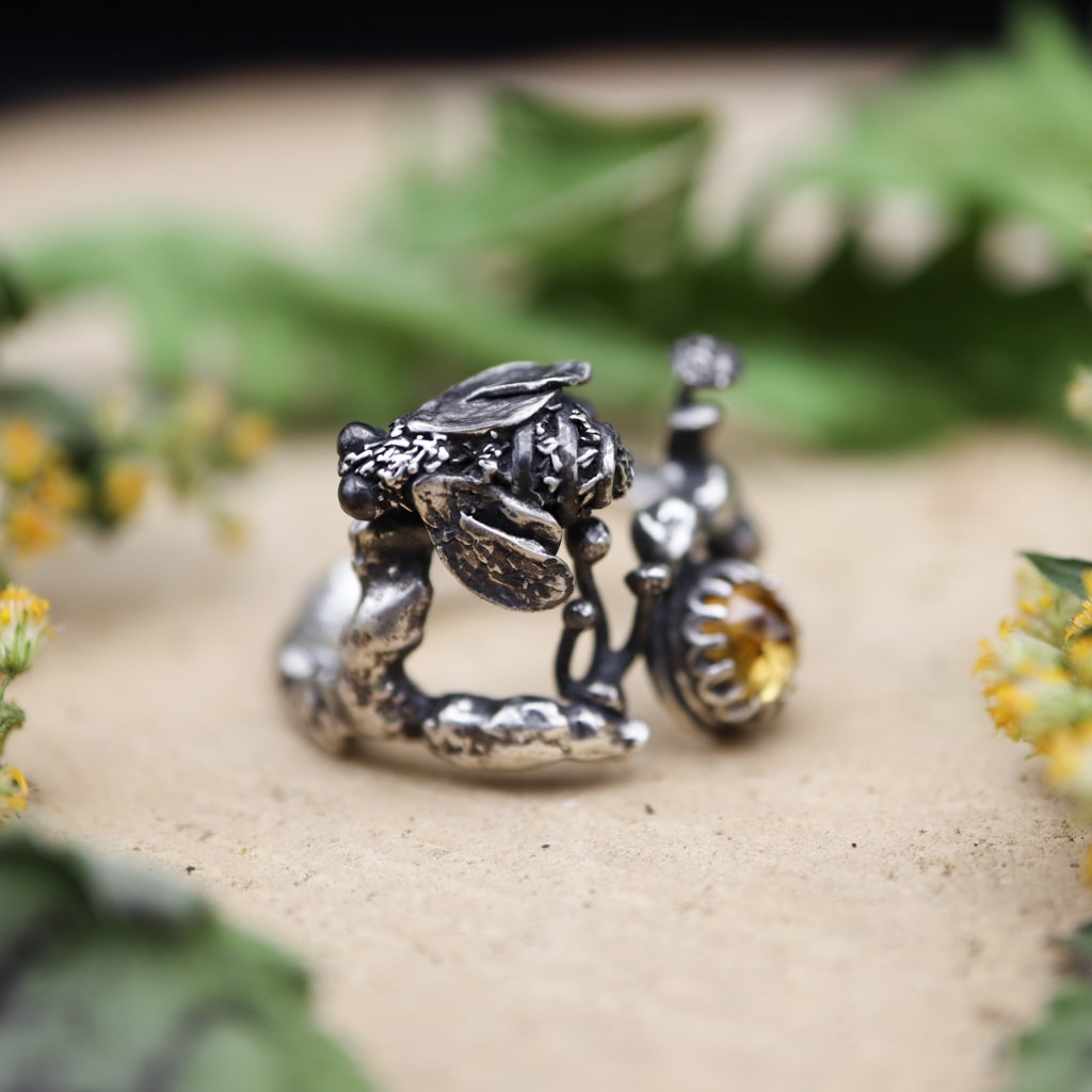 Hand Carved Bee and Citrine Ring