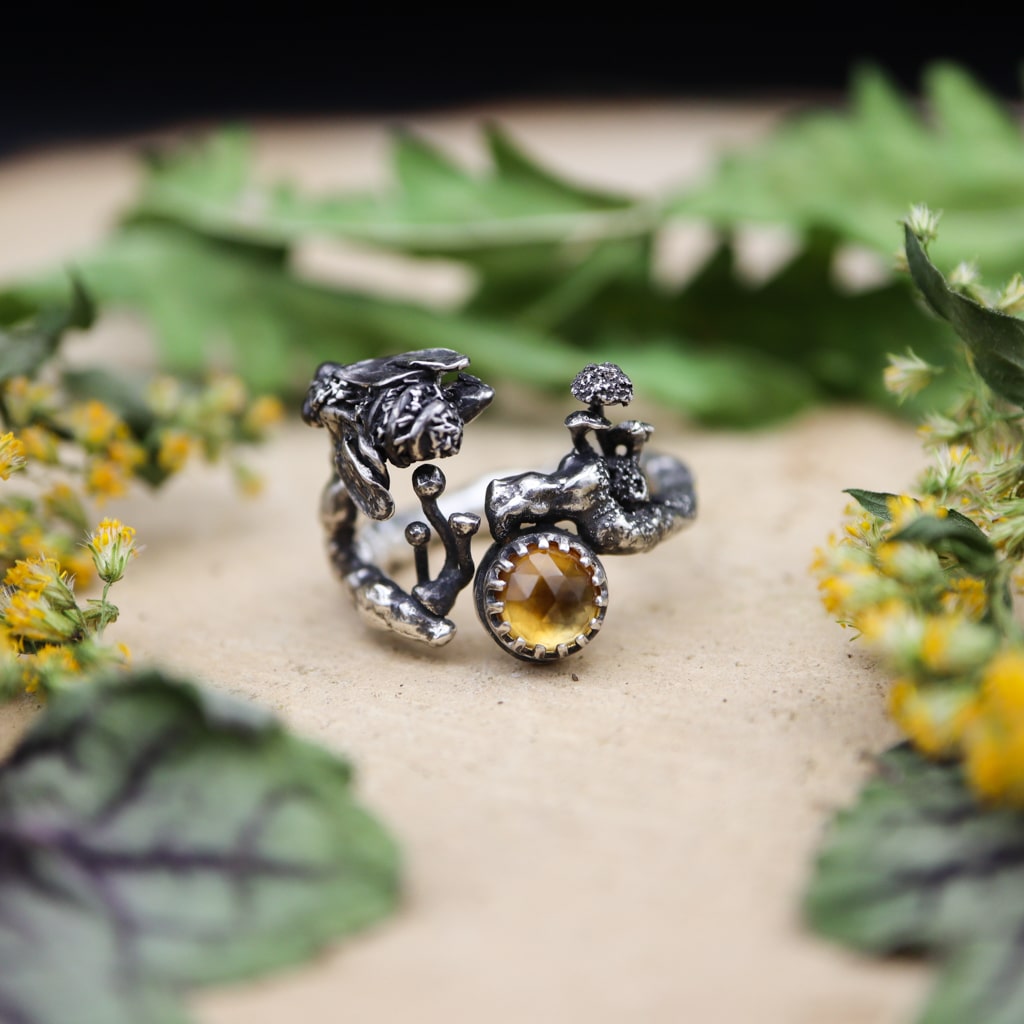 Hand Carved Bee and Citrine Ring