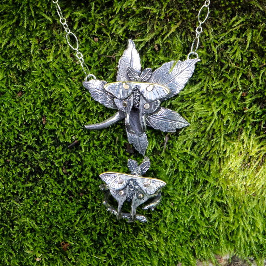 Luna Moth on her Sweet Gum Tree Leaf Necklace