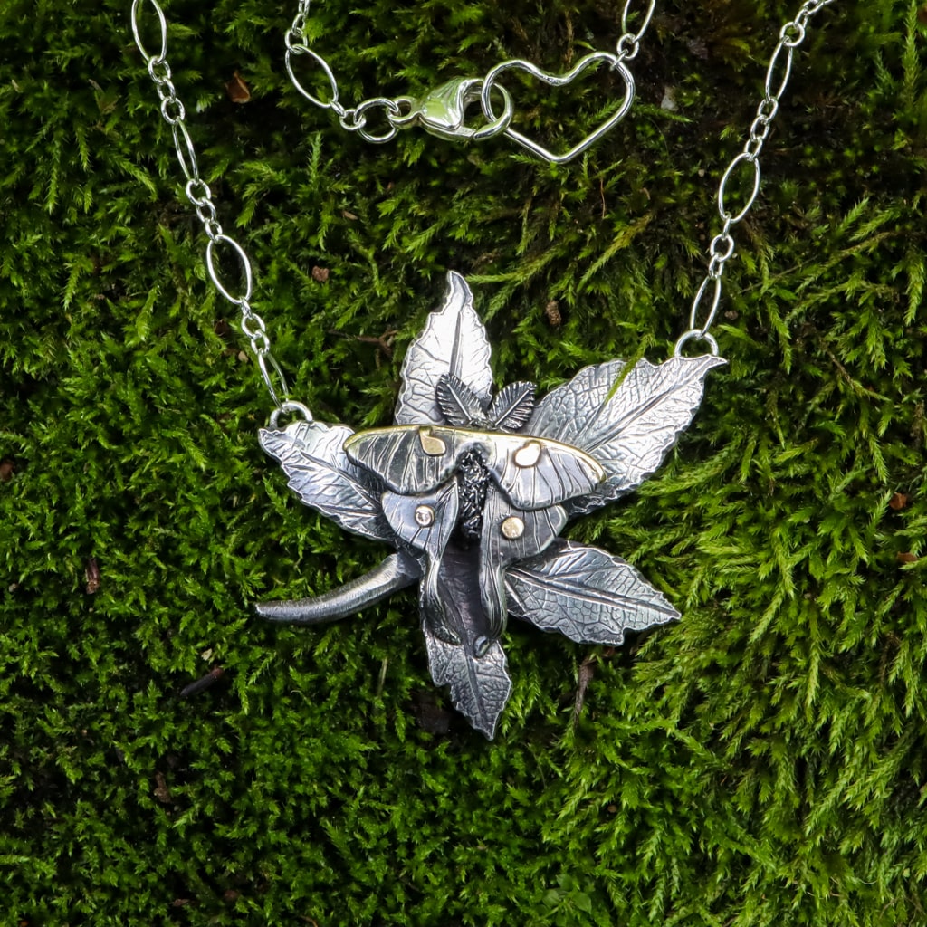 Luna Moth on her Sweet Gum Tree Leaf Necklace