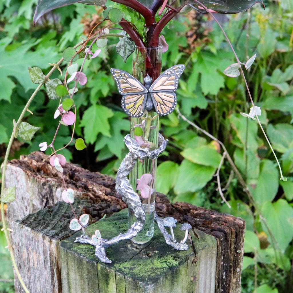 A closer photo of the houseplant propagation tube outdoors on a piece of mossy wood. 