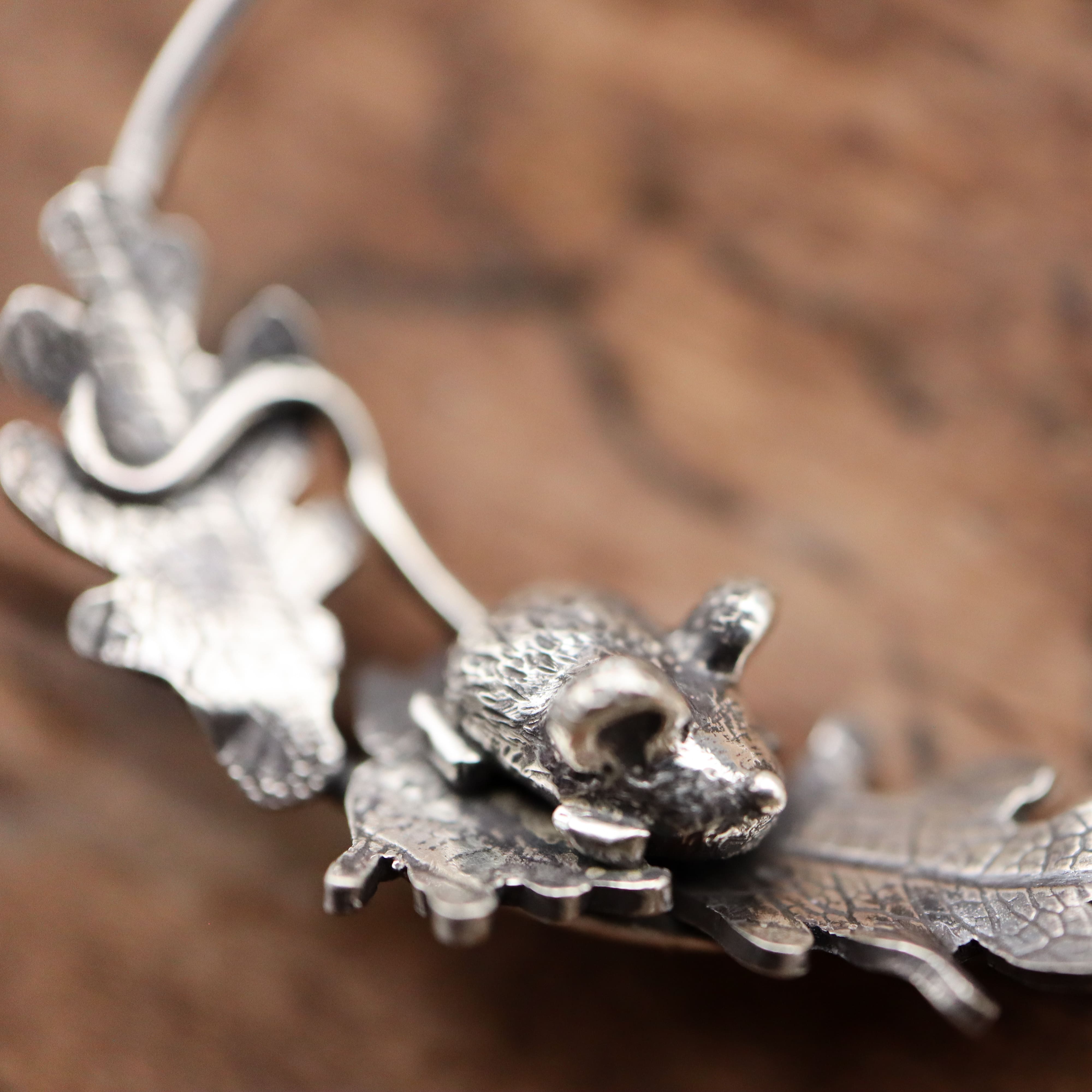 Mice in Leaves Hoop Earrings
