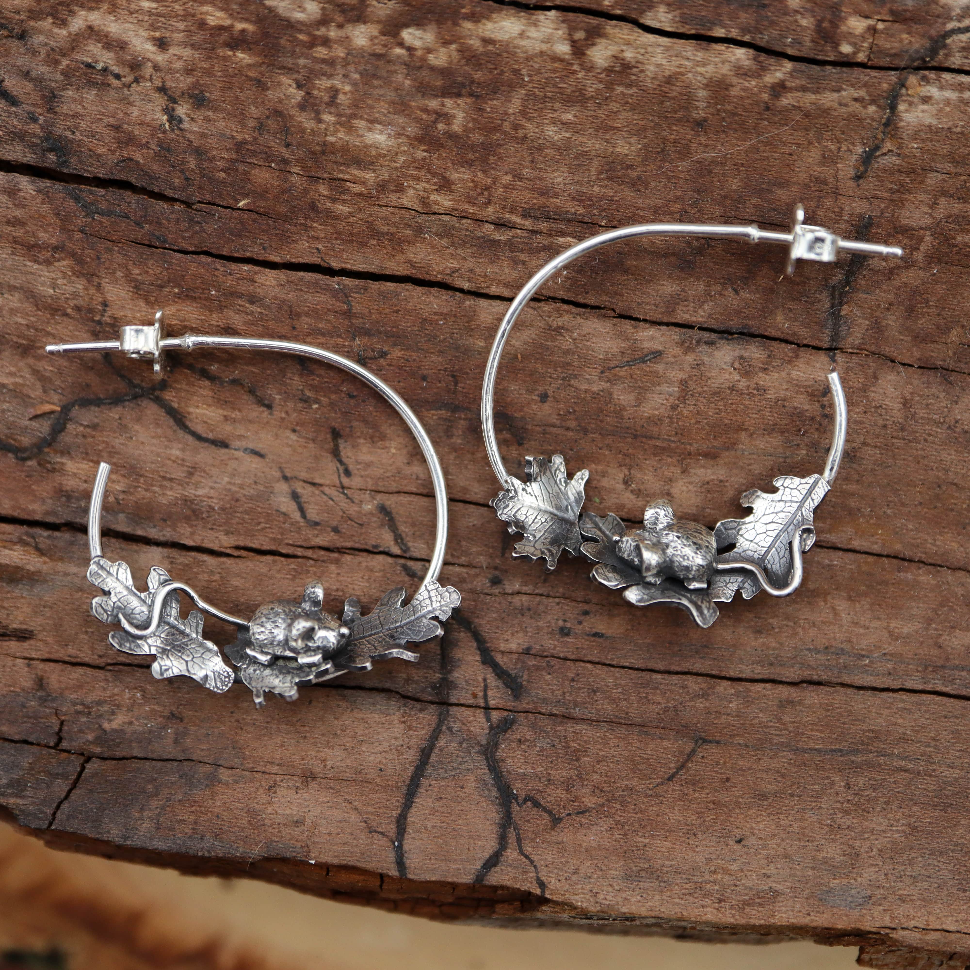 Mice in Leaves Hoop Earrings