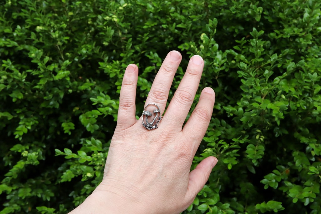 A hand is shown wearing the mushroom ring. There are dark green bushes in the background.
