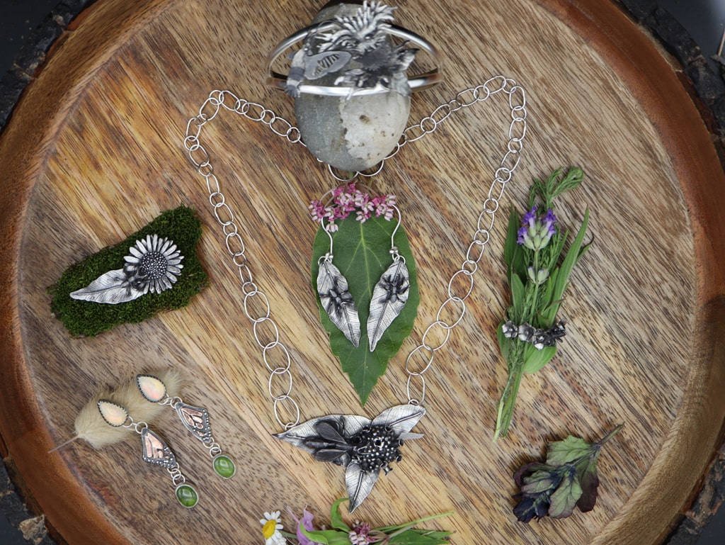 The whole collection of unique pollinator jewelry.