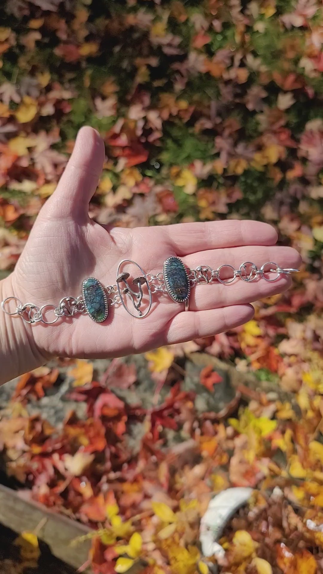 A video showing the mushroom forest bracelet showing the coloration of the opalized petrified wood cabochons.