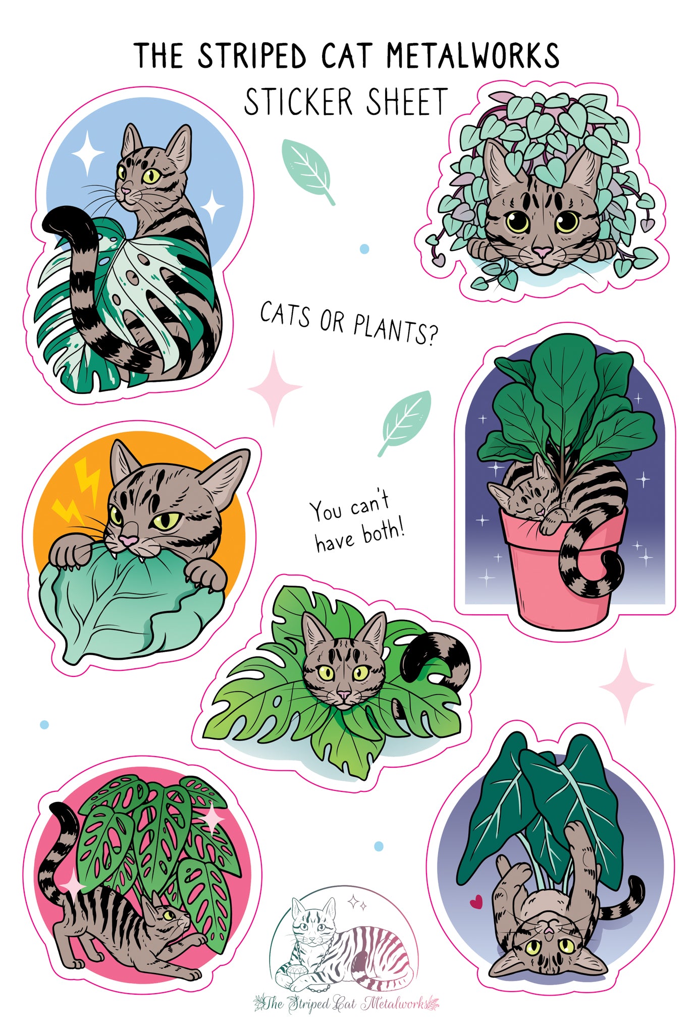 The Striped Cat Metalworks sticker sheet featring MAx the striped cat and houseplants like a fiddle leaf fig, monstera adansonii, monstera albo, string of hearts, and an alocasia polly all being played with by Max the cat!