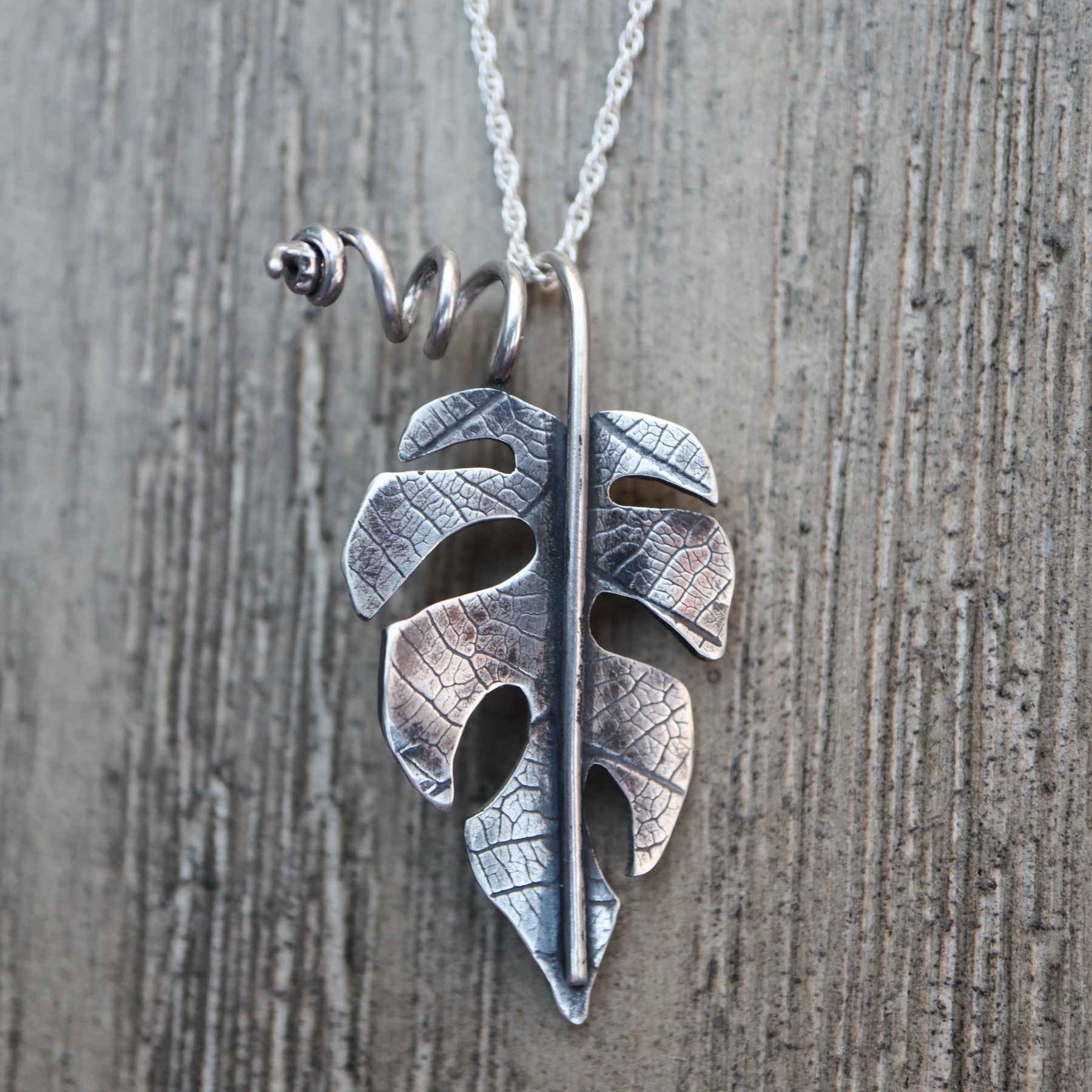 Rhaphidophora tetrasperma necklace made from sterling silver and shown on a necklace.