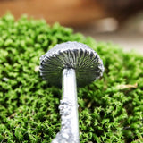 A close up photo of under the mushroom caps to show the hand etched gills. The earring is in a light green piece of real moss. 