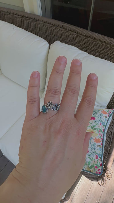 A movie of the goldfish and lily pad stacking rings being worn in the sunshine and in the shade. 