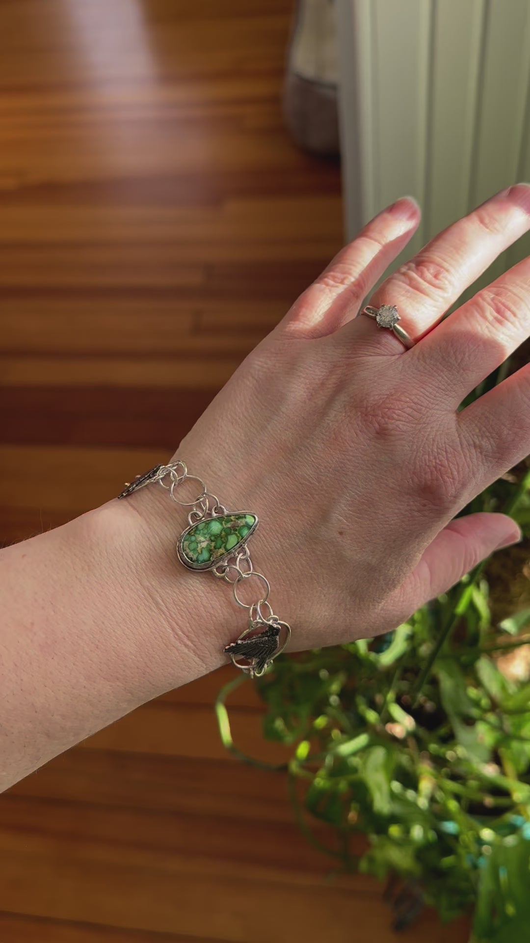 A video of the chickadee and turquoise bracelet being worn. 