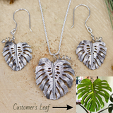 Personalized sterling silver monstera deliciosa earring and necklace set.
