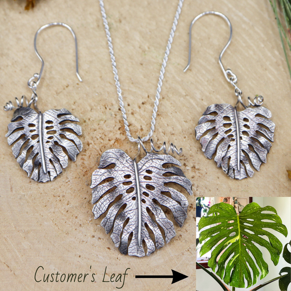 Personalized sterling silver monstera deliciosa earring and necklace set.