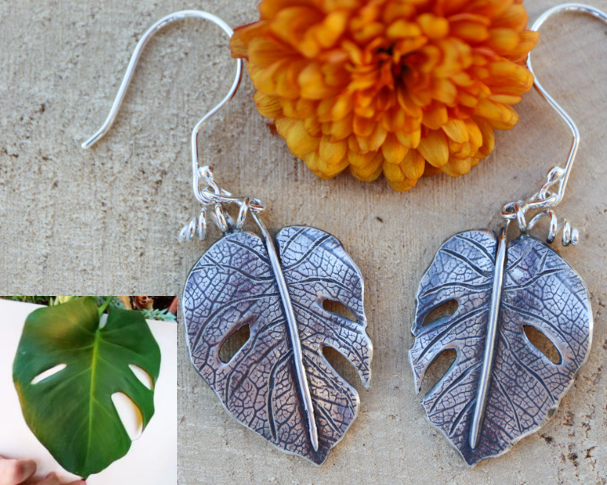 Personalized monstera deliciosa earrings made from sterling silver. They are shown next to a photo of the real plant leaf that the earrings were modeled after. 