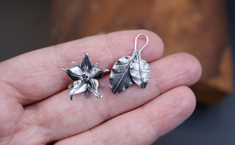 This shows that the earrings are made in two pieces. One piece is the flower with the post that is the earring, and the two leaves are one piece that loop onto the earring post. 