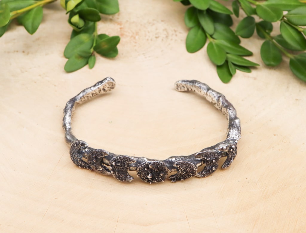 A top view of the bracelet with some greenery behind it. 