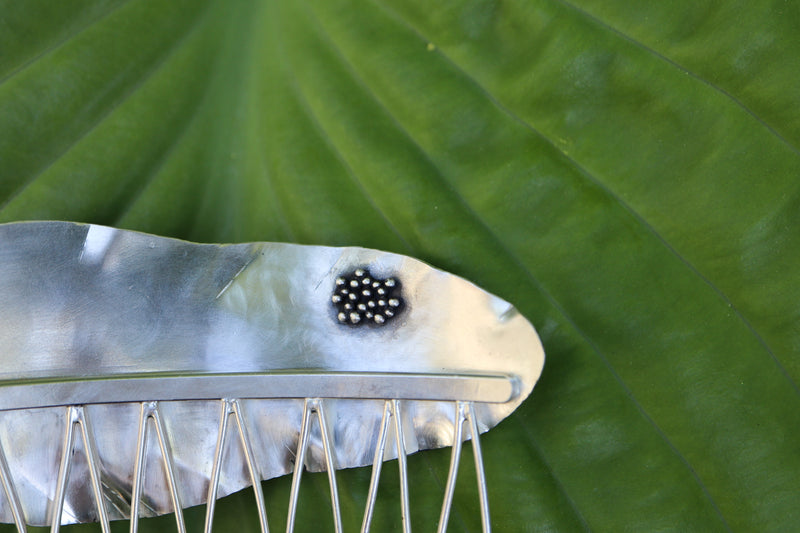 The back of the hair comb has three dimensional eggs hidden on the back. It is shown in front of a dark green plant leaf.