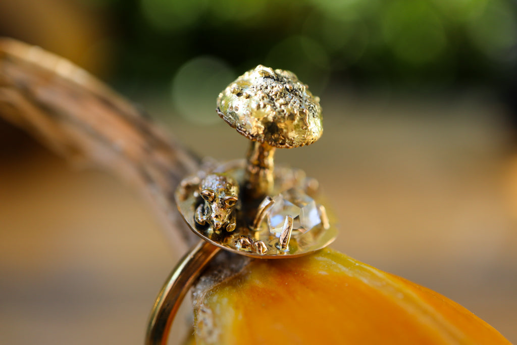 A top view of the mouse and mushroom 14 karat gold ring. It is shown on the stem of a pumpkin.